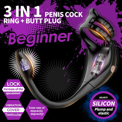 3-in-1-Penis-Cockring mit Multi-Stimulations-Buttplug